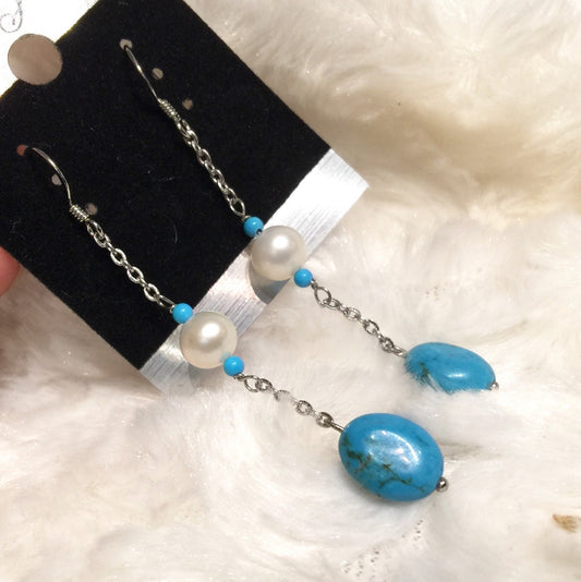 7mm 925 Sterling Silver Round White Freshwater Pearl Dangle Earrings