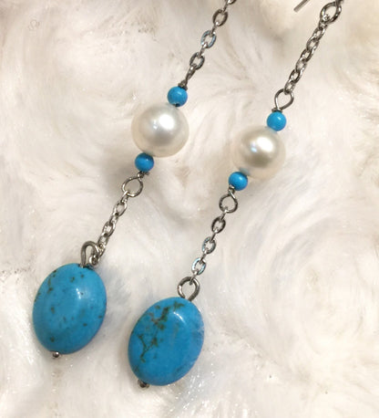 7mm 925 Sterling Silver Round White Freshwater Pearl Dangle Earrings