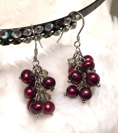 4-5mm 925 Sterling Silver Seed Burgundy Red Grape Freshwater Pearl Dangle Earrings
