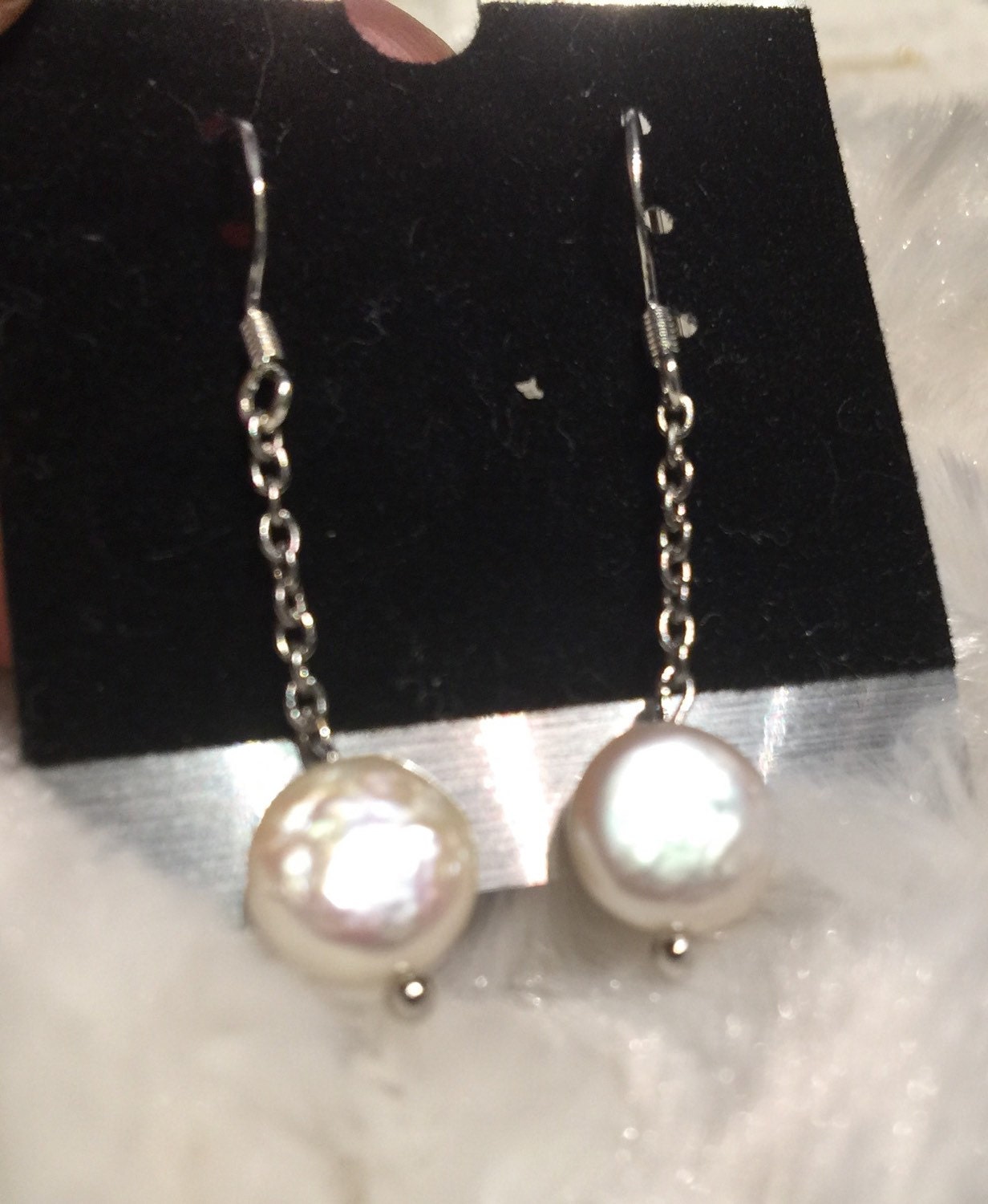 8-9mm Ivory White Coin Pearl Dangle Earrings