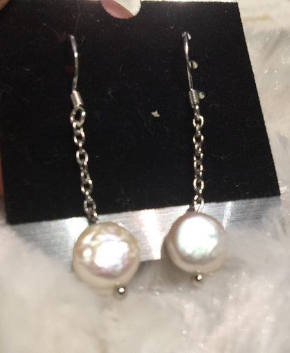 8-9mm Ivory White Coin Pearl Dangle Earrings