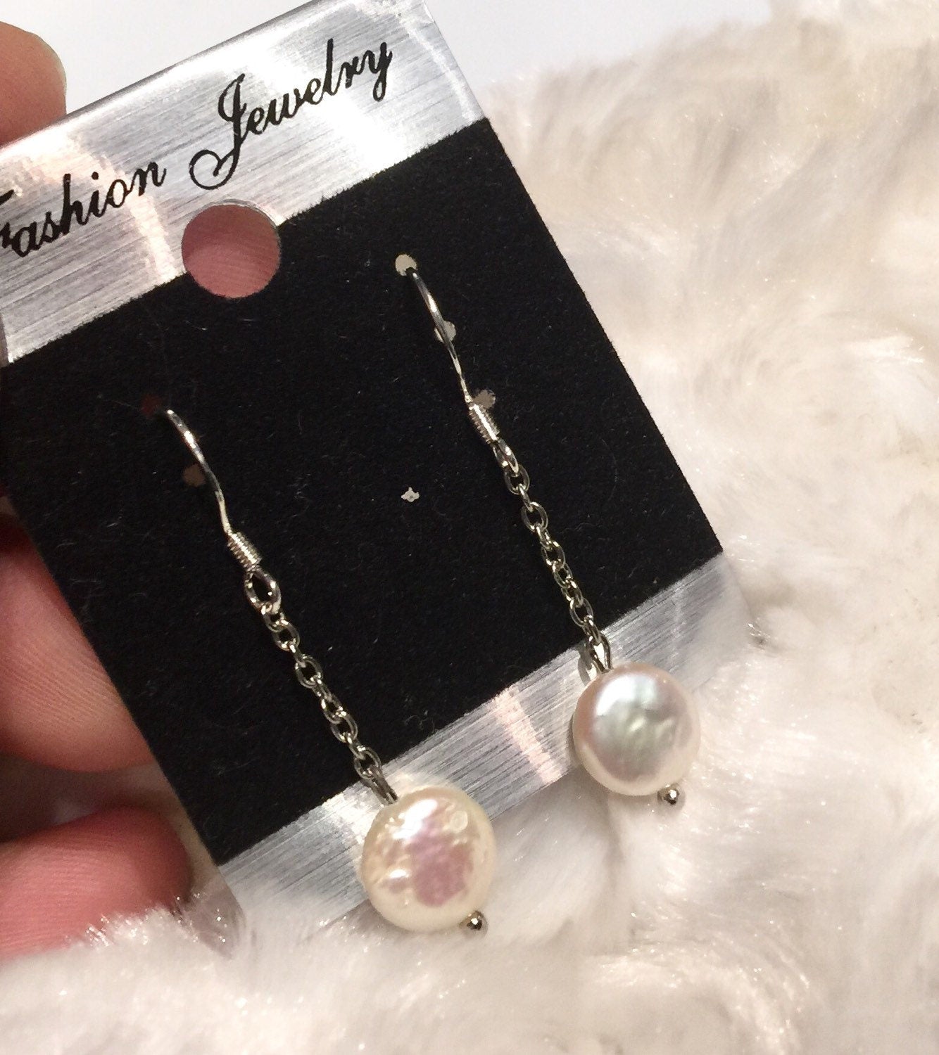 8-9mm Ivory White Coin Pearl Dangle Earrings