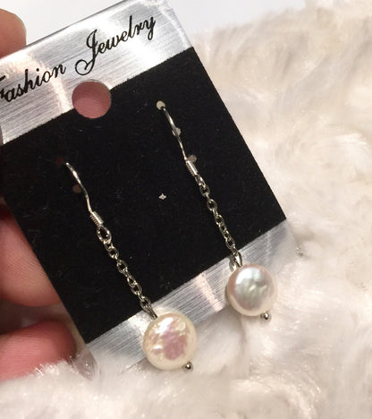 8-9mm Ivory White Coin Pearl Dangle Earrings