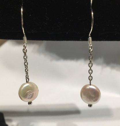 8-9mm Ivory White Coin Pearl Dangle Earrings
