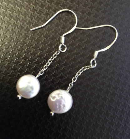 8-9mm Ivory White Coin Pearl Dangle Earrings
