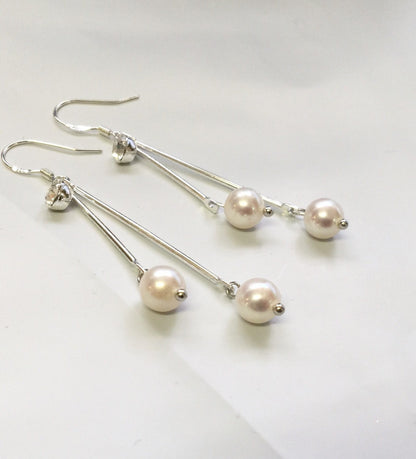 6.5-7mm 925 Sterling silver White Freshwater Pearl Dangle Earrings