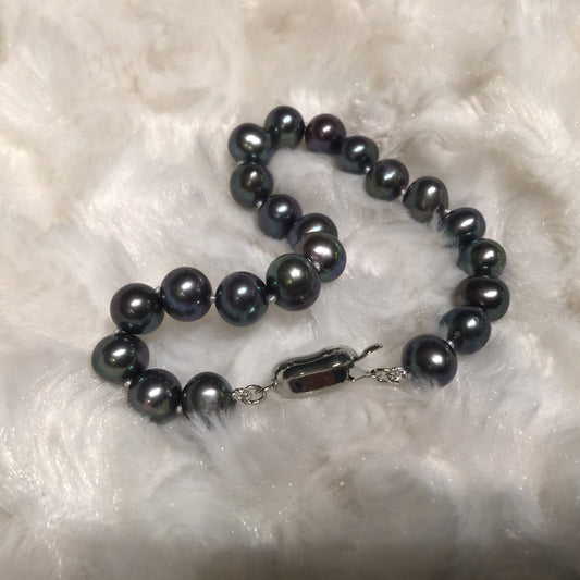 6-7mm 14k Gold Filled Round Peacock Black Freshwater Pearl Bracelet